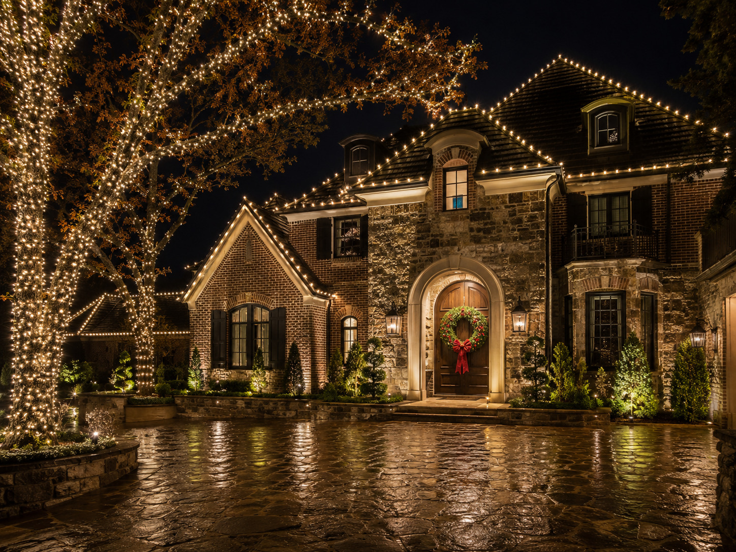 Professional holiday lighting on a Little Rock Arkansas home at night — warm-white roofline and tree lighting